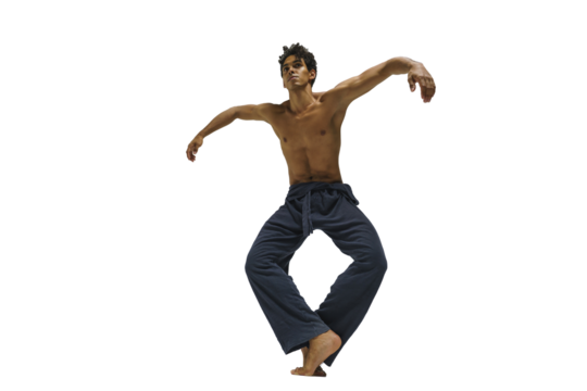 Scantily clad dancer, ballet dancer, man shows dance elements, dark-skinned athletic man