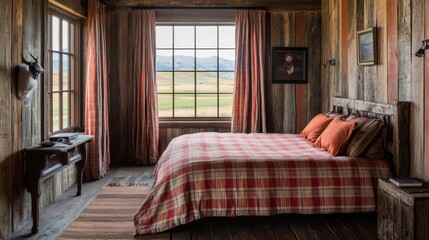 Fototapeta premium A rustic and inviting space with reclaimed wooden walls, a plaid bedspread, and a window with mountain views.