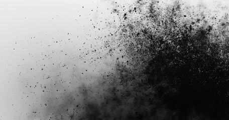 Obraz premium Abstract black and white splatter resembling ink or dust dispersing in space.