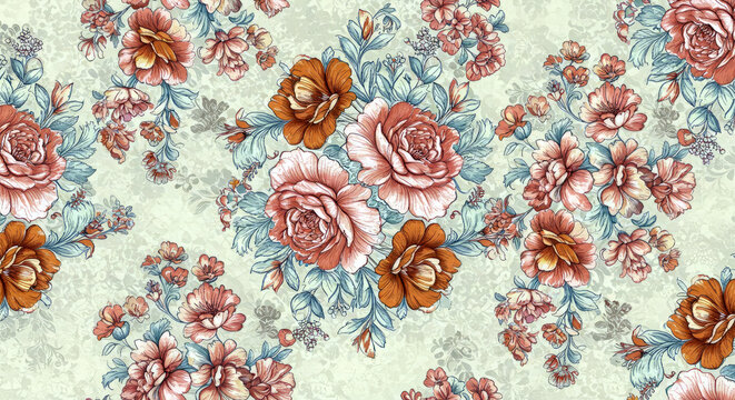 Seamless flower bunch motif for floral print digital background. beautiful vintage wallpaper.