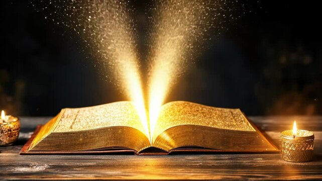 Hanukkah celebration with open book and glowing candlelight for festive ambiance