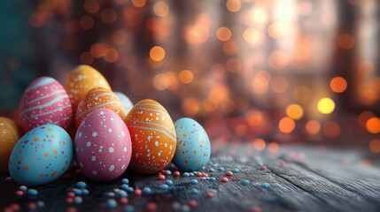 A bunch of colorful eggs are piled on a wooden table