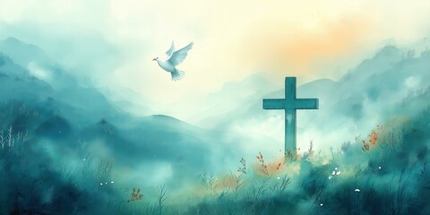 Fototapeta premium A painting of a cross and a bird flying over a mountain
