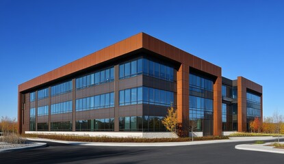 Modern office building with rusted metal and glass exterior.