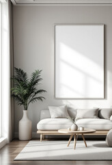 a white sofa, a coffee table, a large white picture frame, a tall white vase with a plant, and a large window with white curtains. Cozy modern living room with photo frame design