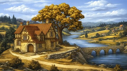 Naklejka premium Rustic Stone House by River, Autumnal Landscape with Bridge and Tree