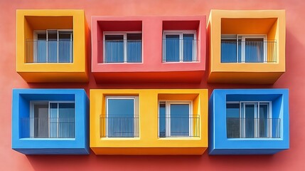 Fototapeta premium Colorful Building Exterior With Balconies And Windows