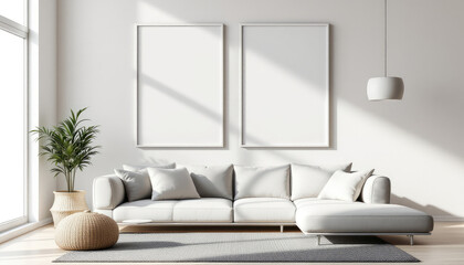 a white sectional sofa with a footrest, a large window, and two blank white picture frames on the wall above the sofa. Cozy modern living room with photo frame design