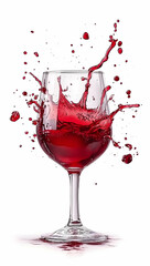 Red wine glass, with splashing red liquid, isolated on a white background with a clipping path
