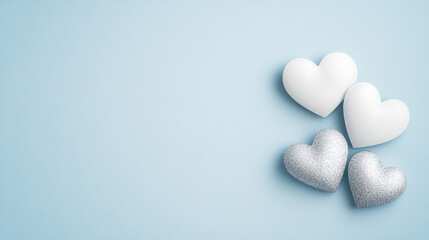 Fototapeta premium Silver and white hearts on soft blue background, evoking love and serenity