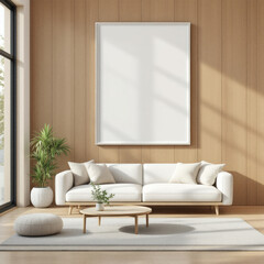 a white sofa with two pillows, a coffee table, and a large white picture frame hanging on the wall above the sofa. Cozy modern living room with photo frame design
