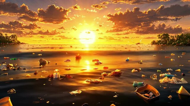 Majestic sunset over polluted ocean after hurricane highlighting environmental concerns