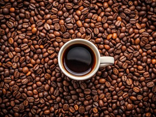 Fototapeta premium A panoramic view showcases a black coffee cup, brimming coffee beans, set against a stark white backdrop.