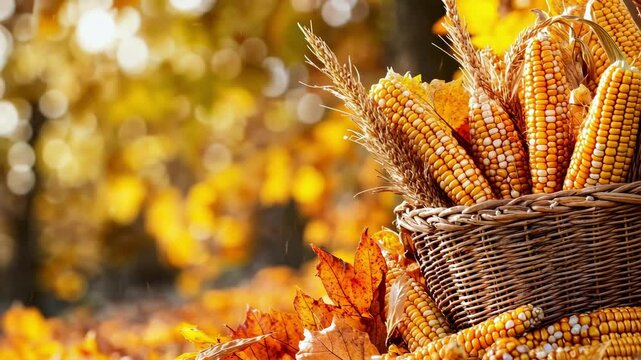 Golden harvest cornucopia with autumn leaves and sunlit background for kwanzaa celebration