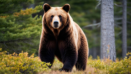 Obraz premium A majestic bear standing tall amidst the lush foliage of the forest