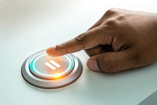 Finger press glowing pause button. Control and technology