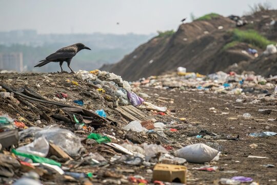 bird stand on landfill garbage dump site. Pollution and animal habitat