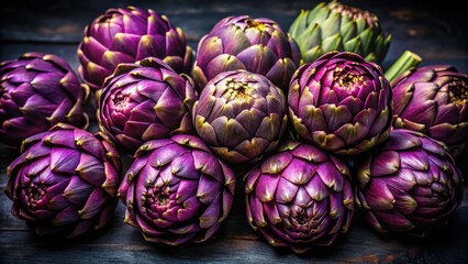 Obraz premium A vibrant purple artichoke dominates a dark canvas, perfectly positioned according to the rule of thirds.