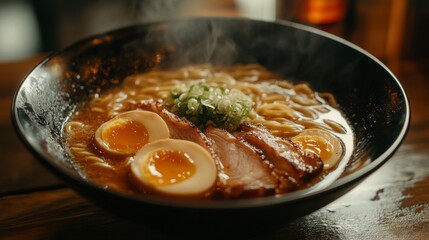 Ramen with eggs and meat in a bowl on a wooden table. Delicious ramen bowl with chicken, eggs, beef and vegetables. Soup ramen. Ramen noodle. Korean or Japanese food concept. Copy space. Close-up view