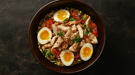 Ramen with eggs and meat in a bowl on a wooden table. Delicious ramen bowl with chicken, eggs, beef and vegetables. Soup ramen. Ramen noodle. Korean or Japanese food concept. Copy space. Close-up view