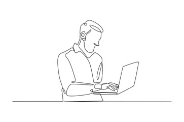 Young man holding laptop in continuous one line design. Single line draw of student holds netbook.