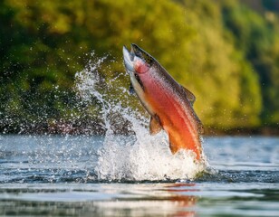 Naklejka premium close up big salmon jump out splashing water on nature background