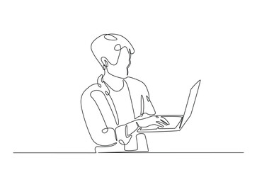 Young woman holding laptop in continuous one line design. Single line draw of student holds netbook.