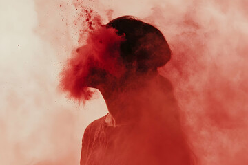 Explosive red powder on a white background, vibrant red color, isolated. 