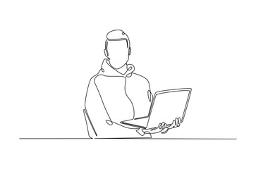 Young man holding laptop in continuous one line design. Single line draw of student holds netbook.
