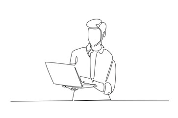 Young man holding laptop in continuous one line design. Single line draw of student holds netbook.