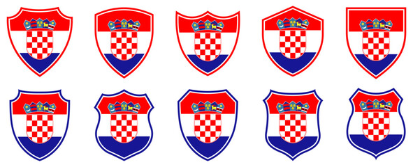 Obraz premium set collections Croatia flag in shield badge icon. Croatia flag symbol of powerful country. Croatia independence day emblem label sticker design template vector illustration