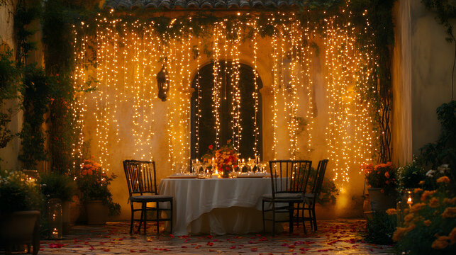 Romantic outdoor dinner setting illuminated by warm string lights. A table is set for two under a curtain of fairy lights, creating a magical ambiance in a charming courtyard.