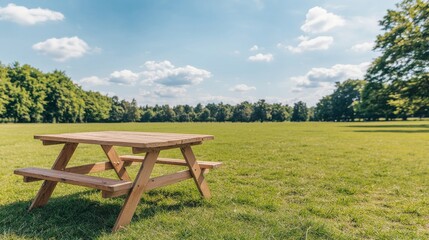 Cozy Picnic Table on Summer Lawn Surrounded by Lush Green Trees and Blue Sky