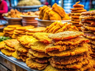 Fototapeta premium Crispy Bolivian milanesa, a golden-fried delight piled high, ready to savor.