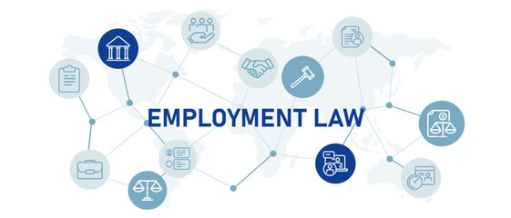 Employment Law labor policies flat header worker rights legal business employee compliance to regulation connected icon white background