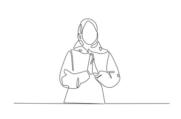 Muslim woman with apologize hand gesture in continuous one line drawing design. Arabian woman potrait single line illustration.