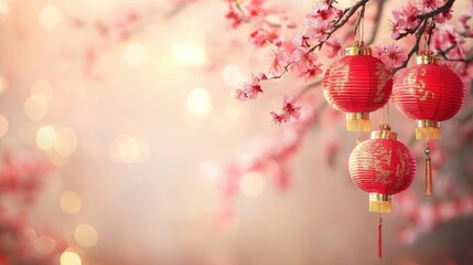 Fototapeta premium A beautiful Chinese New Year background featuring glowing red lanterns adorned with gold patterns, surrounded by delicate pink cherry blossoms and soft bokeh lights. Perfect for celebration materials