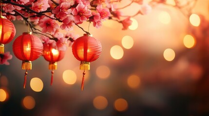 This vibrant scene celebrates Chinese New Year with glowing red lanterns hanging from blooming cherry blossoms, surrounded by soft bokeh lights. Perfect for holiday decorations, greeting cards