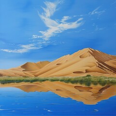 Desert dunes reflected in a tranquil lake under a vibrant blue sky.