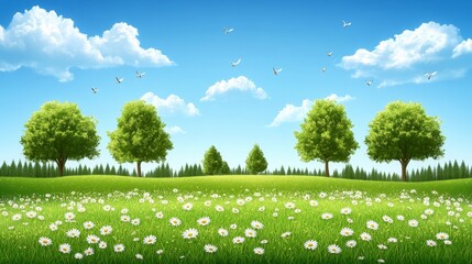 Fototapeta premium Serene Spring Meadow with Lush Green Trees and Blooming Flowers Under a Bright Blue Sky