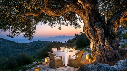 Romantic sunset dinner under olive tree, hillside