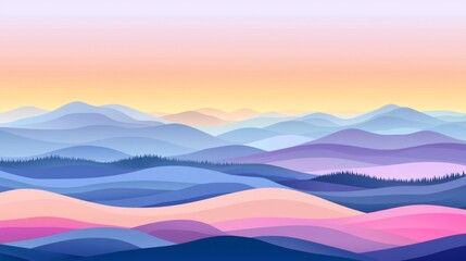 Obraz premium Serene Pastel Mountainscape Sunrise Over Rolling Hills and Forest