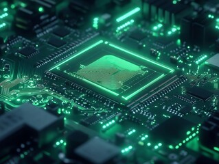 Fototapeta premium Glowing green circuit board detail showcasing central processor. AI Generated