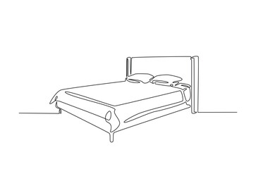Double bed with the pillows in continuous one line drawing design. Minimalist single line draw of bedroom furniture.
