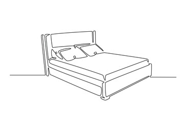 Double bed with the pillows in continuous one line drawing design. Minimalist single line draw of bedroom furniture.