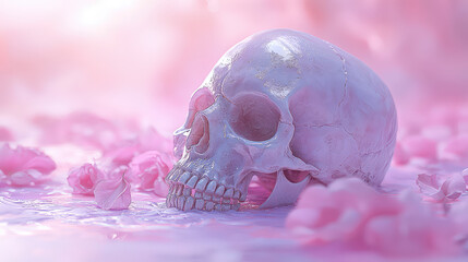 A serene 3D rendering of a white skull resting amidst delicate pink petals, bathed in soft light.