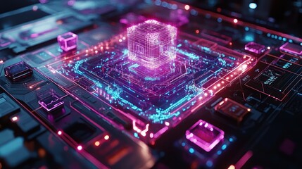 Fototapeta premium Futuristic glowing CPU with neon circuitry.