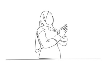 Muslim woman with apologize hand gesture in continuous one line drawing design. Arabian woman potrait single line illustration.