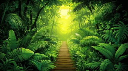Lush Tropical Rainforest Path Leading to Sunlight