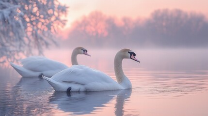 Fototapeta premium Serene Swans at Sunrise: A Winter Wonderland